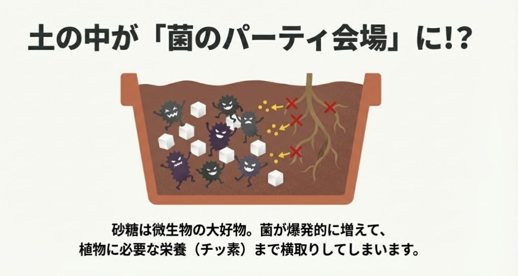 砂糖水を餌に土壌微生物が増殖し、植物に必要な窒素を奪ってしまう窒素飢餓のイメージ図
