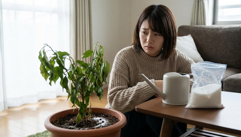 リビングの床に座り込み、萎れて元気のない観葉植物の鉢植えを見つめながら、困惑と後悔の表情を浮かべる若い日本人女性。手前のローテーブルには、白い砂糖が入った袋と白いじょうろが置かれており、誤ったケアをしてしまった状況がうかがえる。自然光が差し込む部屋でのワンシーン。