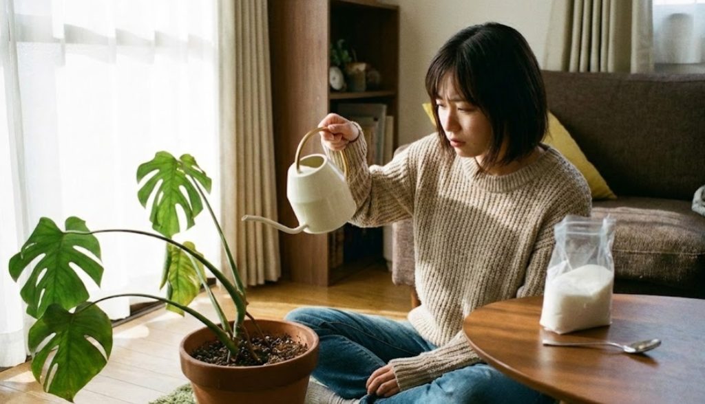 リビングの床に座り、モンステラの鉢植えにじょうろを向けながら困ったような表情を浮かべる若い日本人女性。手前のローテーブルには使いかけの砂糖の袋とスプーンが置かれており、誤って砂糖水を与えてしまった状況を示唆している。室内は自然光に包まれ、少し憂鬱な雰囲気が漂う。