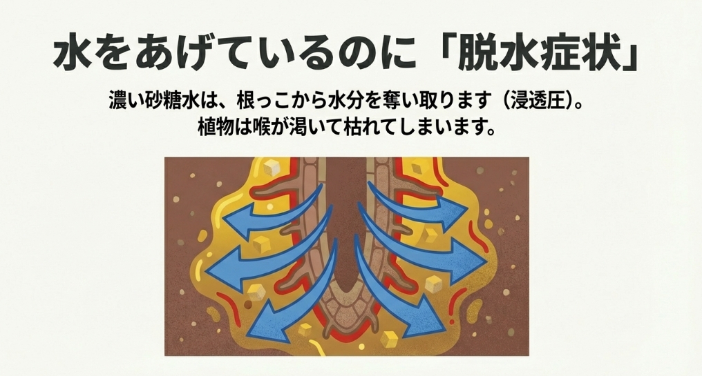 濃い砂糖水による浸透圧で、根から水分が奪われ脱水症状を起こすメカニズムの解説図