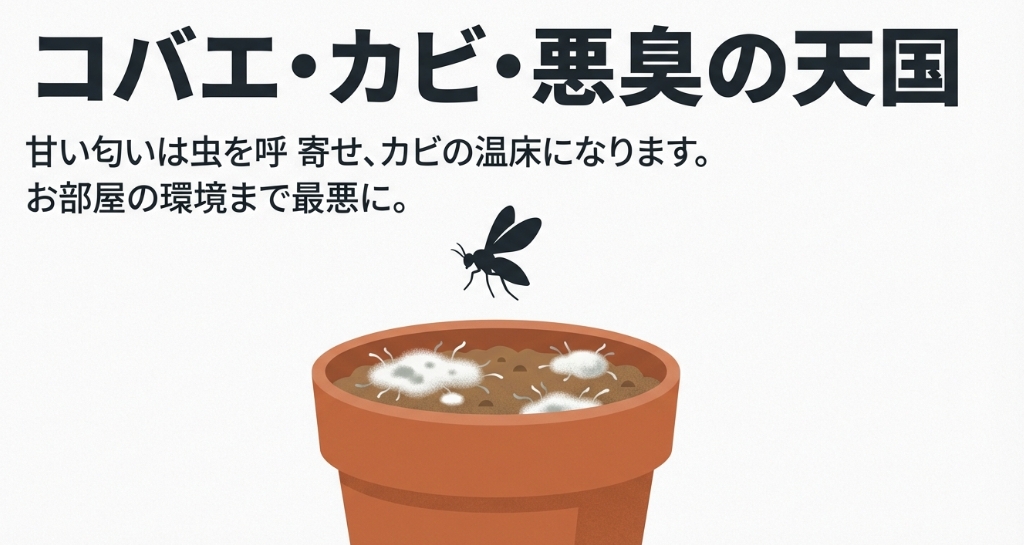 砂糖水が原因で発生するコバエ、白いカビ、悪臭のトラブルを描いたイラスト