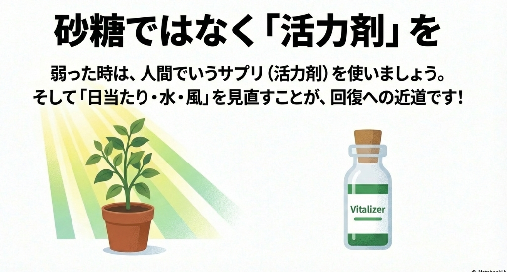 弱った植物には砂糖水ではなく専用の活力剤を使用し、日当たりや水やりを見直すことを推奨するイラスト
