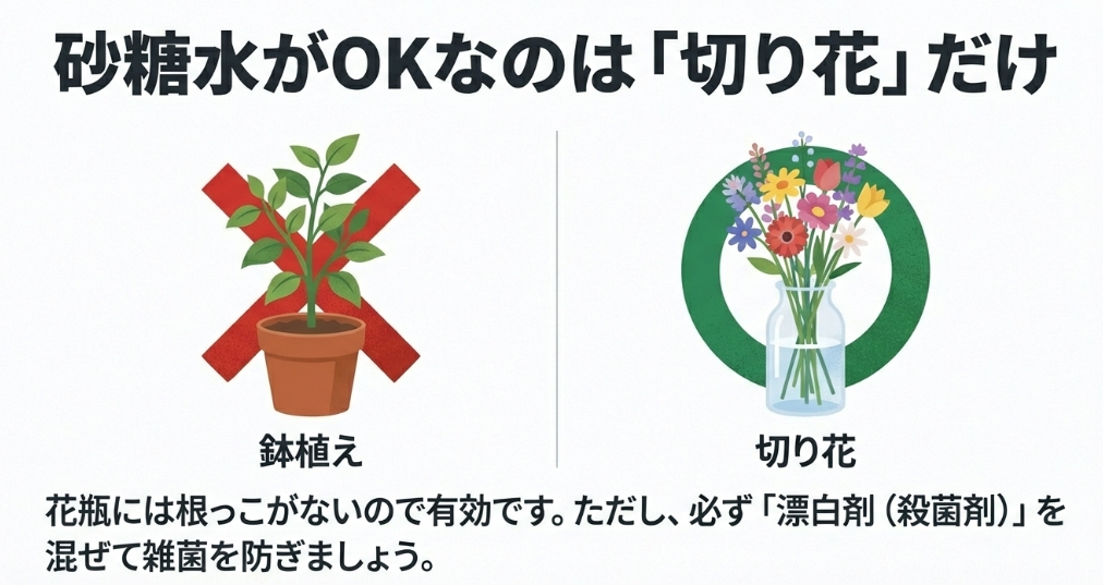 切り花には砂糖水が有効だが、必ず漂白剤（殺菌剤）を併用する必要があることを説明する図
