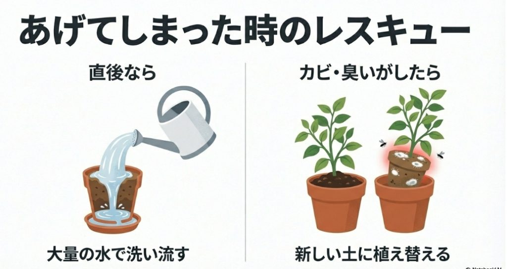 砂糖水を誤って与えた場合の対処法。直後なら大量の水で洗い流し、カビ発生後は植え替える手順図